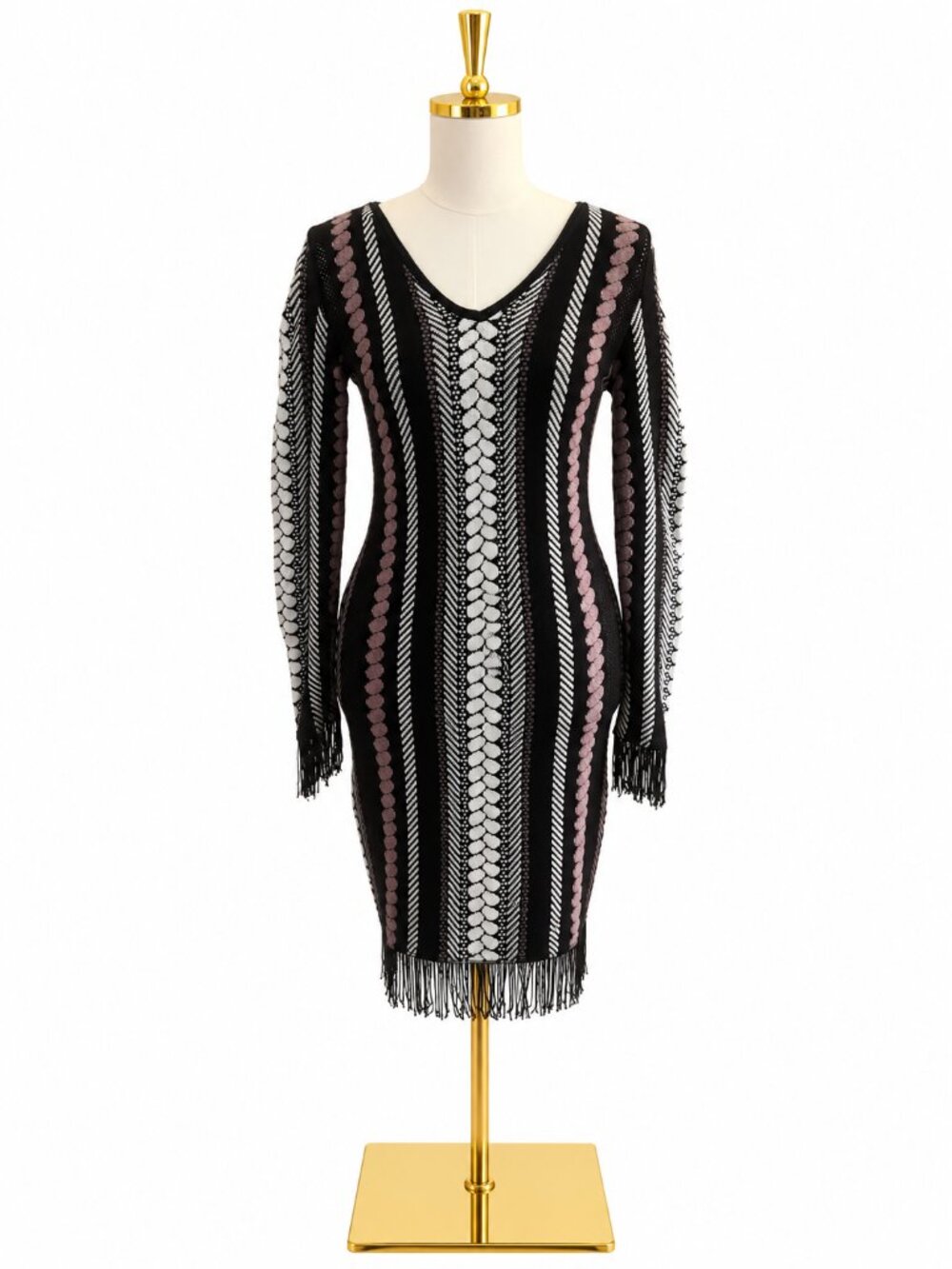 Black Crochet Knit Bodycon Dress with Fringe, V-Neck, Size S
